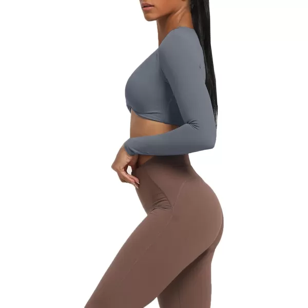 Aoxjox Long Sleeve Crop Tops for Women Sienna Twist Deep V Workout Crop T Shirt TopIron Grey