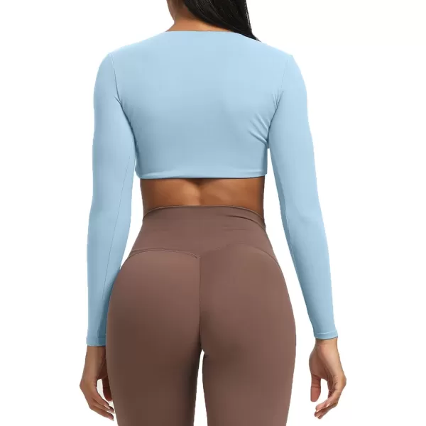 Aoxjox Long Sleeve Crop Tops for Women Sienna Twist Deep V Workout Crop T Shirt TopLight Blue