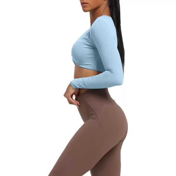 Aoxjox Long Sleeve Crop Tops for Women Sienna Twist Deep V Workout Crop T Shirt TopLight Blue