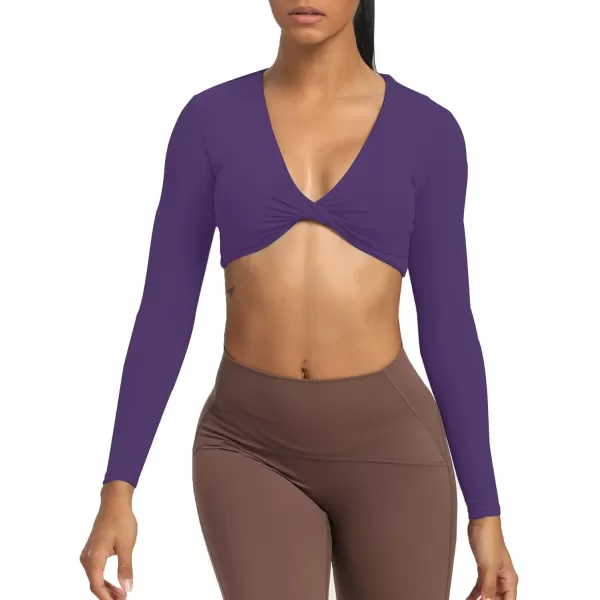 Aoxjox Long Sleeve Crop Tops for Women Sienna Twist Deep V Workout Crop T Shirt TopMulberry Purple