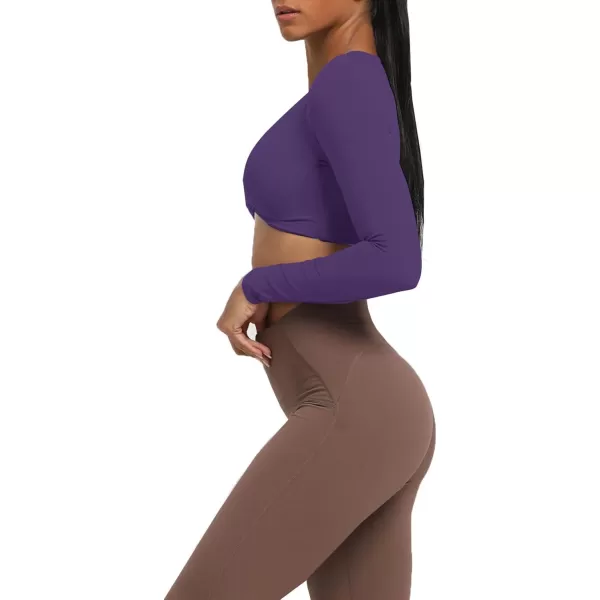 Aoxjox Long Sleeve Crop Tops for Women Sienna Twist Deep V Workout Crop T Shirt TopMulberry Purple