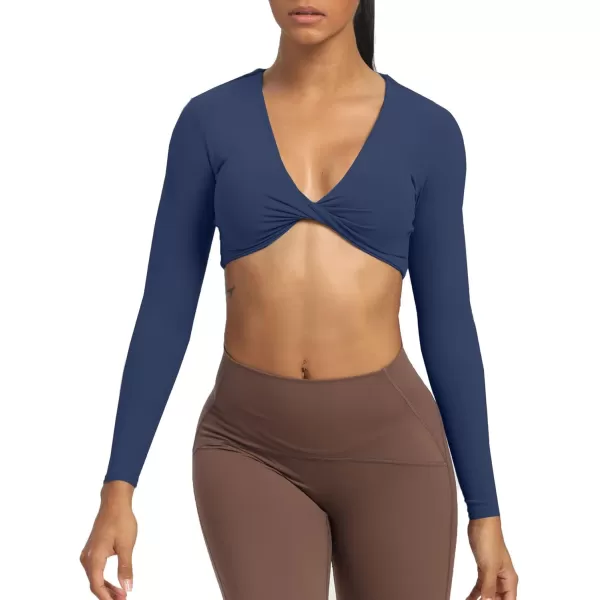 Aoxjox Long Sleeve Crop Tops for Women Sienna Twist Deep V Workout Crop T Shirt TopNavy
