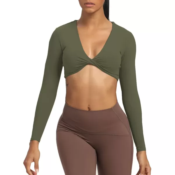 Aoxjox Long Sleeve Crop Tops for Women Sienna Twist Deep V Workout Crop T Shirt TopOlive Green