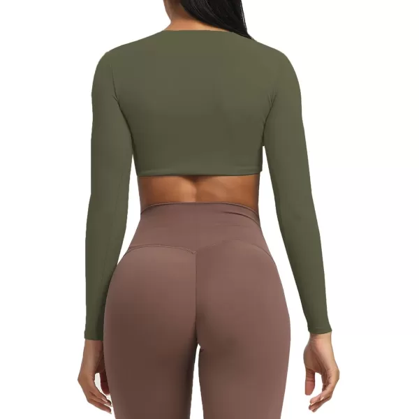 Aoxjox Long Sleeve Crop Tops for Women Sienna Twist Deep V Workout Crop T Shirt TopOlive Green