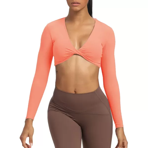 Aoxjox Long Sleeve Crop Tops for Women Sienna Twist Deep V Workout Crop T Shirt TopPapaya