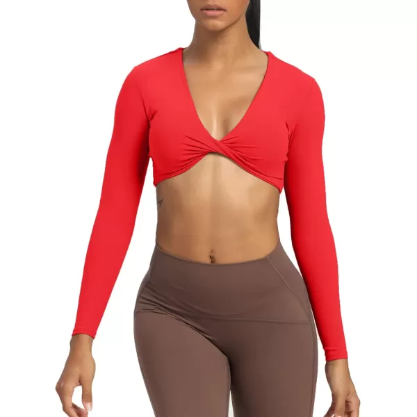 Aoxjox Long Sleeve Crop Tops for Women Sienna Twist Deep V Workout Crop T Shirt TopRacing Red