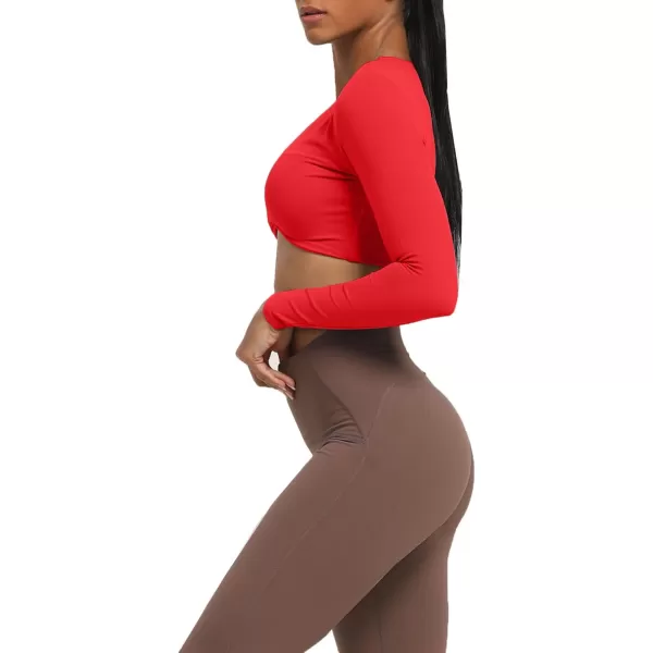 Aoxjox Long Sleeve Crop Tops for Women Sienna Twist Deep V Workout Crop T Shirt TopRacing Red