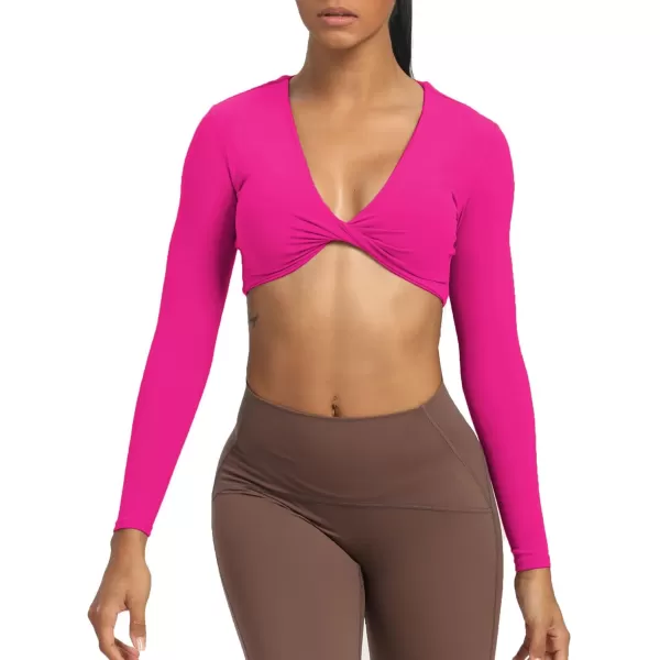 Aoxjox Long Sleeve Crop Tops for Women Sienna Twist Deep V Workout Crop T Shirt TopRose Red