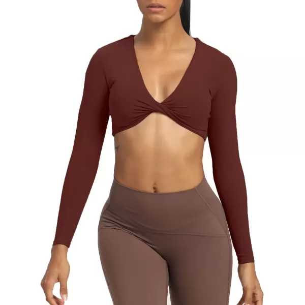 Aoxjox Long Sleeve Crop Tops for Women Sienna Twist Deep V Workout Crop T Shirt TopRum Raisin