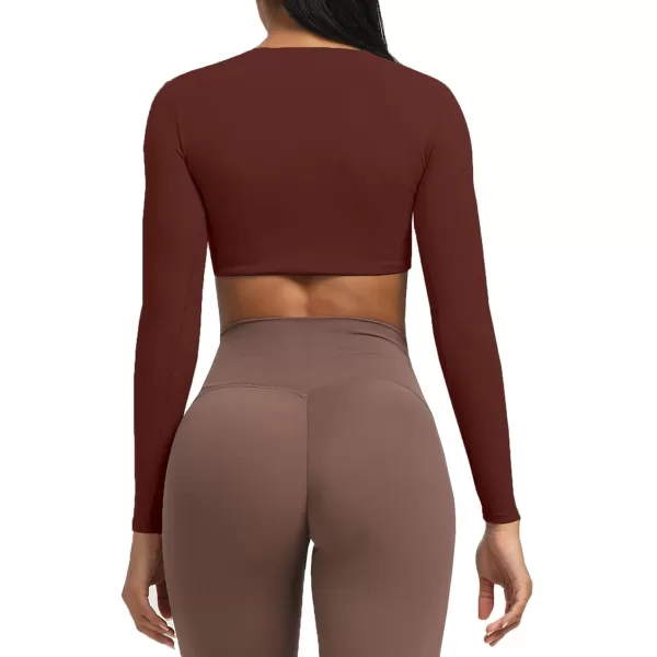 Aoxjox Long Sleeve Crop Tops for Women Sienna Twist Deep V Workout Crop T Shirt TopRum Raisin
