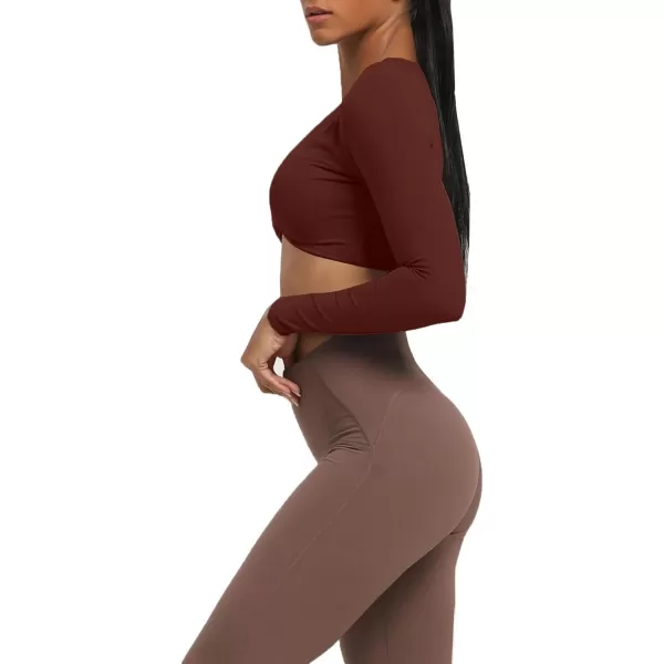 Aoxjox Long Sleeve Crop Tops for Women Sienna Twist Deep V Workout Crop T Shirt TopRum Raisin