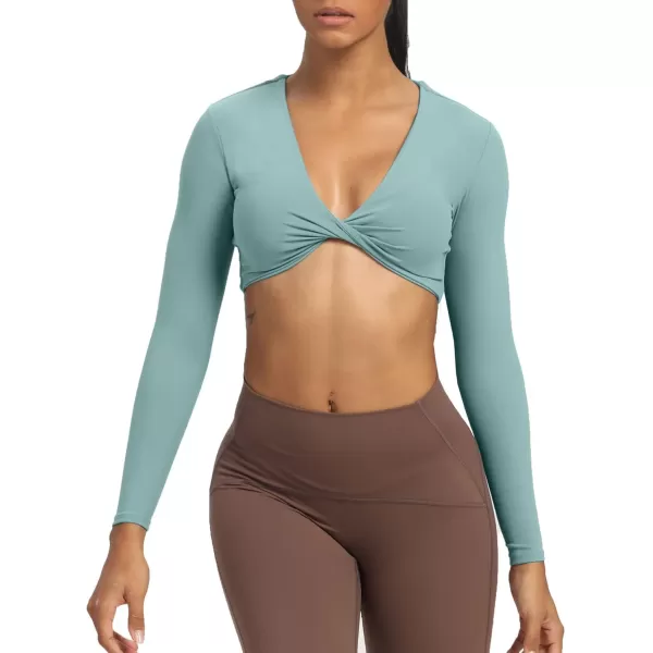 Aoxjox Long Sleeve Crop Tops for Women Sienna Twist Deep V Workout Crop T Shirt TopSage Green