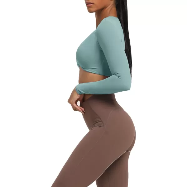 Aoxjox Long Sleeve Crop Tops for Women Sienna Twist Deep V Workout Crop T Shirt TopSage Green