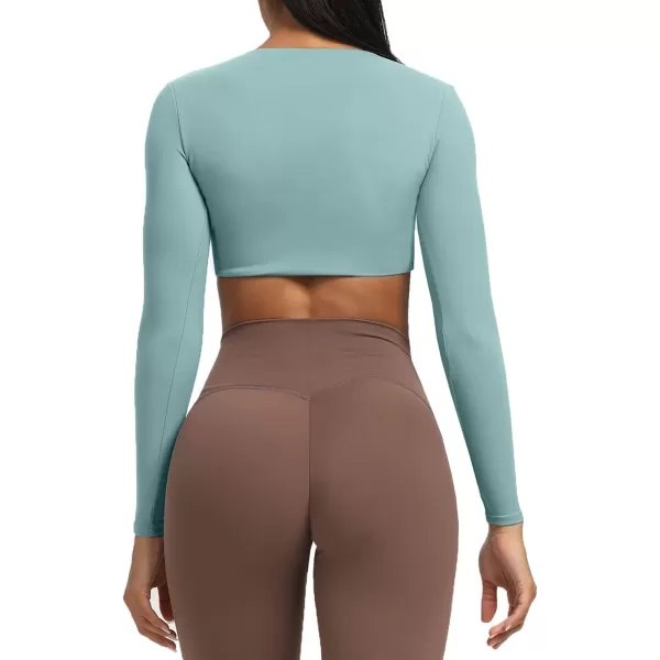 Aoxjox Long Sleeve Crop Tops for Women Sienna Twist Deep V Workout Crop T Shirt TopSage Green