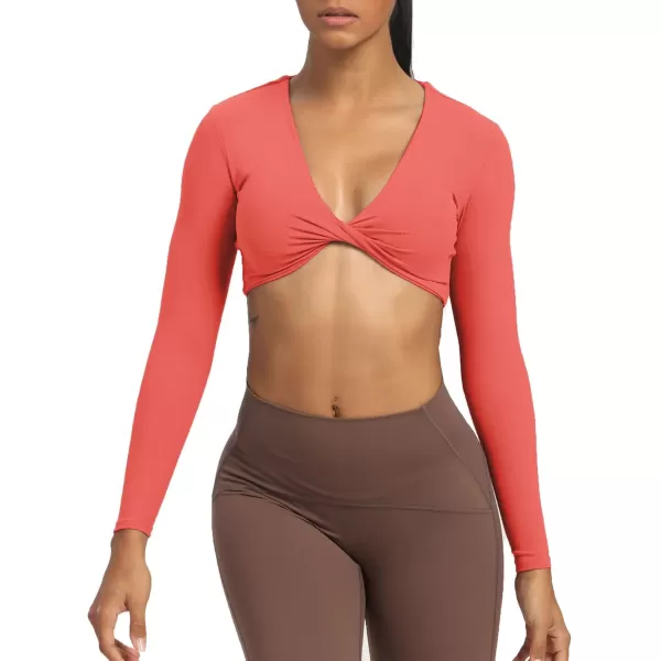 Aoxjox Long Sleeve Crop Tops for Women Sienna Twist Deep V Workout Crop T Shirt TopSpiced Coral