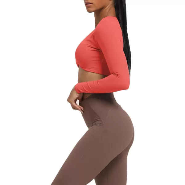 Aoxjox Long Sleeve Crop Tops for Women Sienna Twist Deep V Workout Crop T Shirt TopSpiced Coral