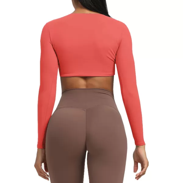 Aoxjox Long Sleeve Crop Tops for Women Sienna Twist Deep V Workout Crop T Shirt TopSpiced Coral