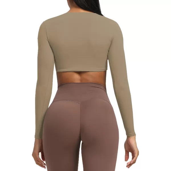 Aoxjox Long Sleeve Crop Tops for Women Sienna Twist Deep V Workout Crop T Shirt TopTaupe