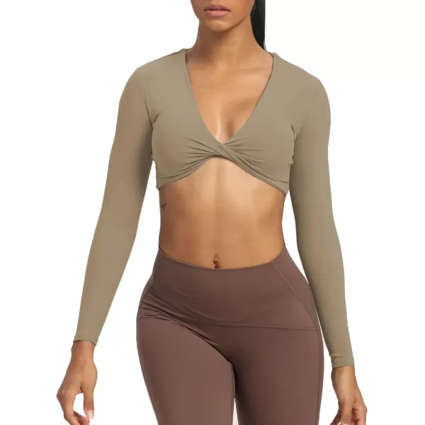 Aoxjox Long Sleeve Crop Tops for Women Sienna Twist Deep V Workout Crop T Shirt TopTaupe