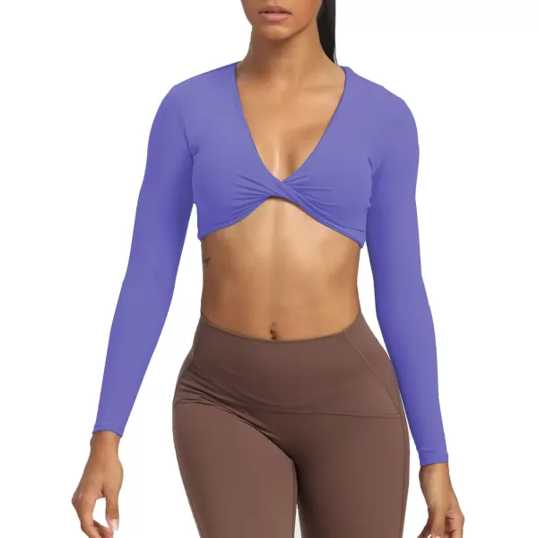 Aoxjox Long Sleeve Crop Tops for Women Sienna Twist Deep V Workout Crop T Shirt TopViolet