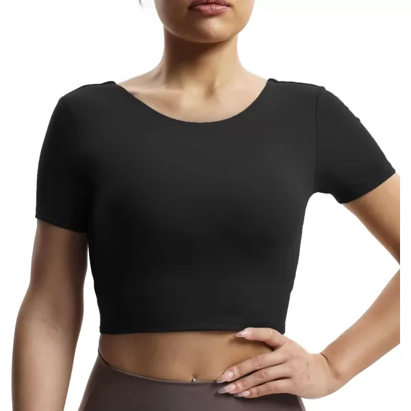 Aoxjox Short Sleeve Crop Tops for Women Emma Backless Twist Back Workout Crop T Shirt TopBlack