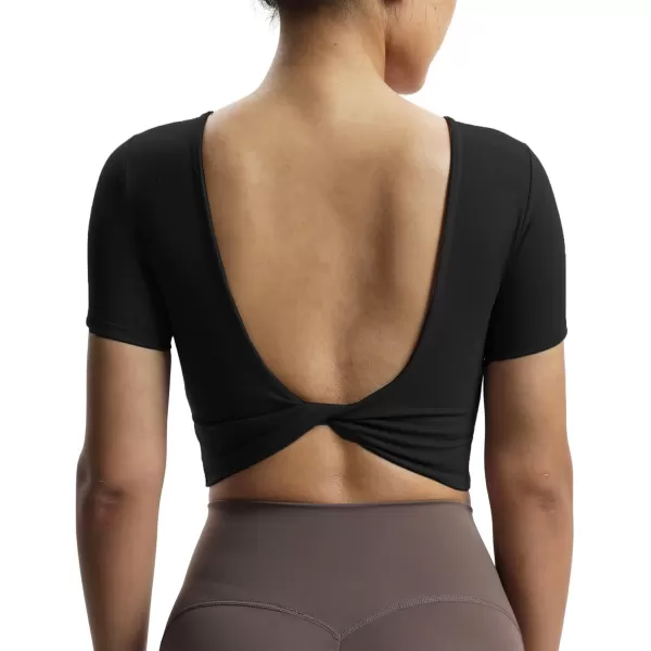 Aoxjox Short Sleeve Crop Tops for Women Emma Backless Twist Back Workout Crop T Shirt TopBlack