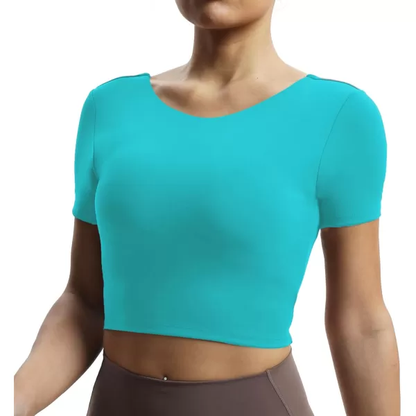 Aoxjox Short Sleeve Crop Tops for Women Emma Backless Twist Back Workout Crop T Shirt TopCascade Blue