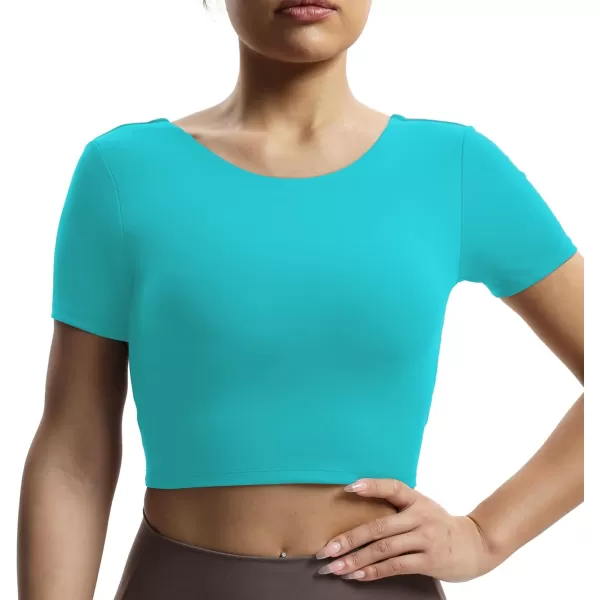 Aoxjox Short Sleeve Crop Tops for Women Emma Backless Twist Back Workout Crop T Shirt TopCascade Blue