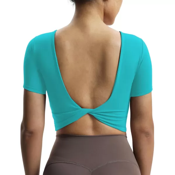 Aoxjox Short Sleeve Crop Tops for Women Emma Backless Twist Back Workout Crop T Shirt TopCascade Blue