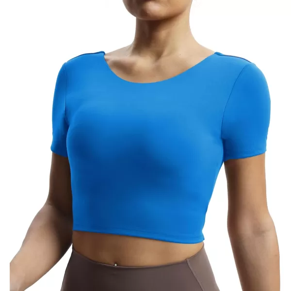 Aoxjox Short Sleeve Crop Tops for Women Emma Backless Twist Back Workout Crop T Shirt TopDirectoire Blue