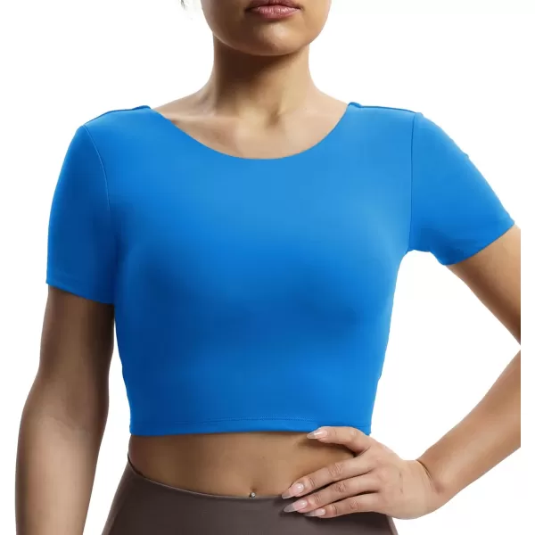 Aoxjox Short Sleeve Crop Tops for Women Emma Backless Twist Back Workout Crop T Shirt TopDirectoire Blue