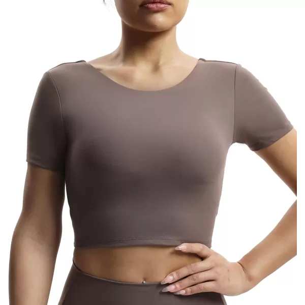Aoxjox Short Sleeve Crop Tops for Women Emma Backless Twist Back Workout Crop T Shirt TopFudge Coffee