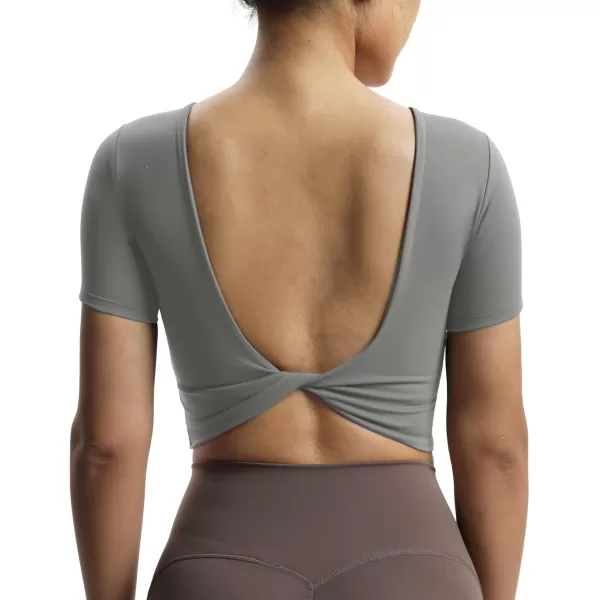 Aoxjox Short Sleeve Crop Tops for Women Emma Backless Twist Back Workout Crop T Shirt TopGrey