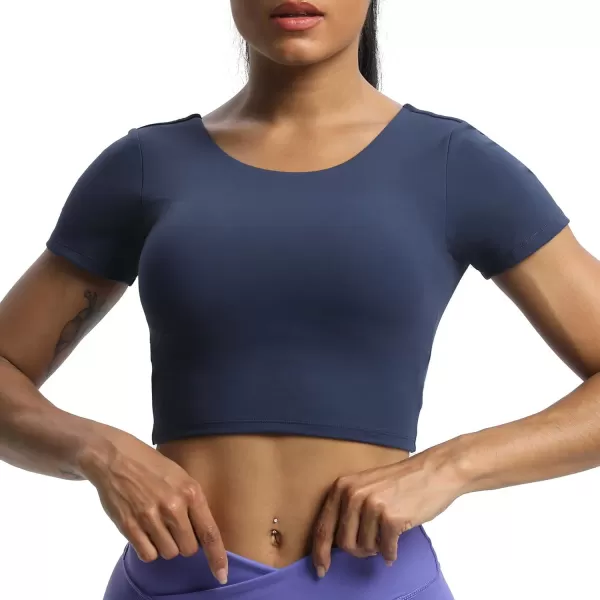 Aoxjox Short Sleeve Crop Tops for Women Emma Backless Twist Back Workout Crop T Shirt TopNavy