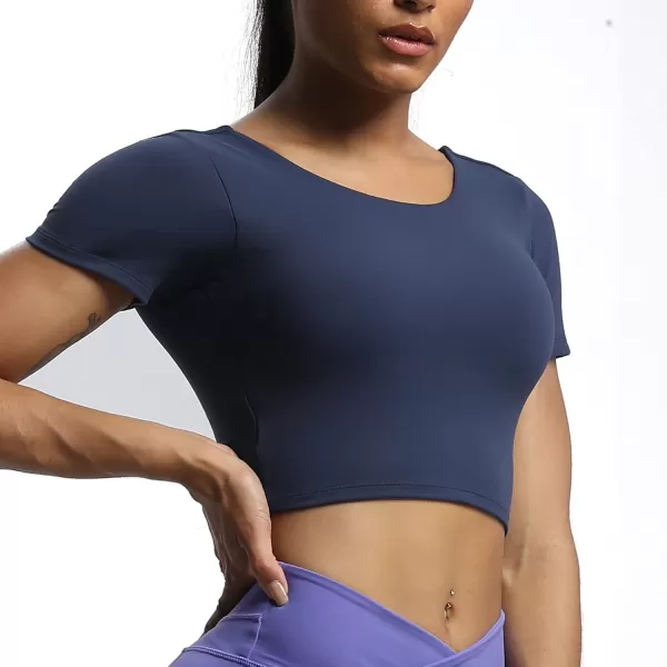 Aoxjox Short Sleeve Crop Tops for Women Emma Backless Twist Back Workout Crop T Shirt TopNavy