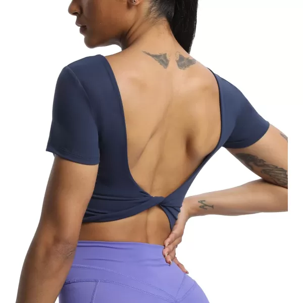 Aoxjox Short Sleeve Crop Tops for Women Emma Backless Twist Back Workout Crop T Shirt TopNavy