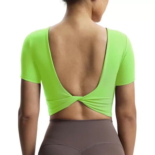 Aoxjox Short Sleeve Crop Tops for Women Emma Backless Twist Back Workout Crop T Shirt TopParadise Green