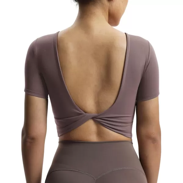 Aoxjox Short Sleeve Crop Tops for Women Emma Backless Twist Back Workout Crop T Shirt TopPlum Truffle