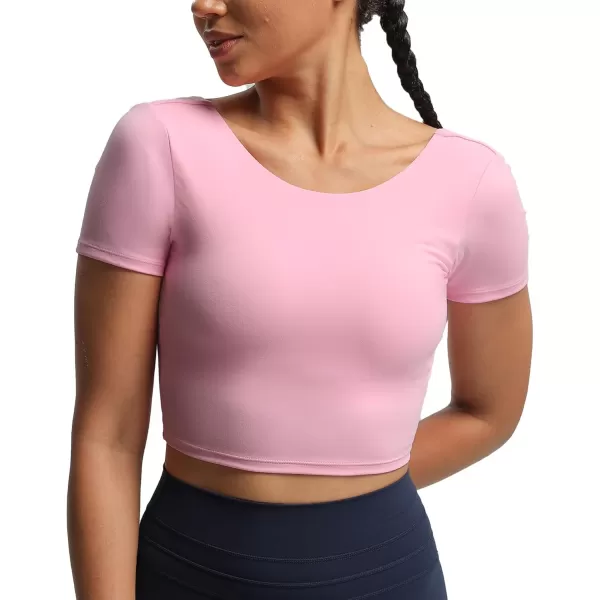 Aoxjox Short Sleeve Crop Tops for Women Emma Backless Twist Back Workout Crop T Shirt TopPrism Pink
