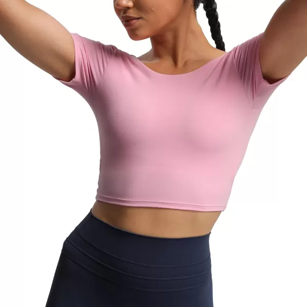 Aoxjox Short Sleeve Crop Tops for Women Emma Backless Twist Back Workout Crop T Shirt TopPrism Pink