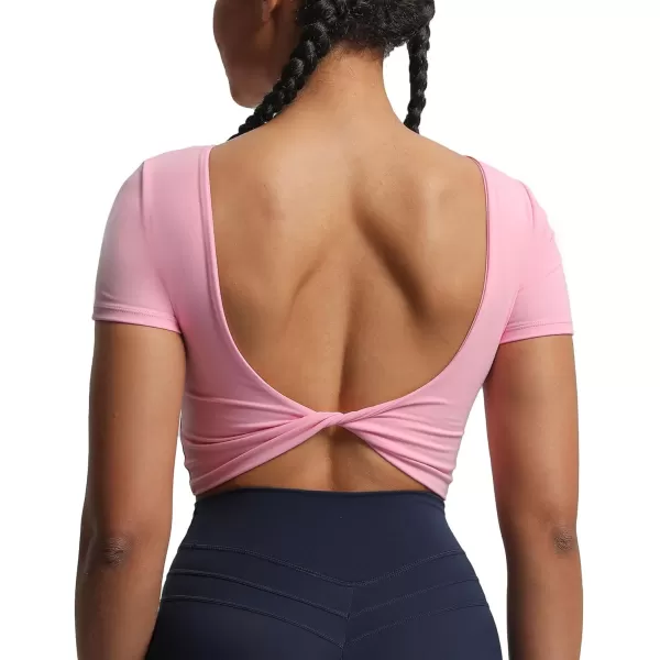 Aoxjox Short Sleeve Crop Tops for Women Emma Backless Twist Back Workout Crop T Shirt TopPrism Pink