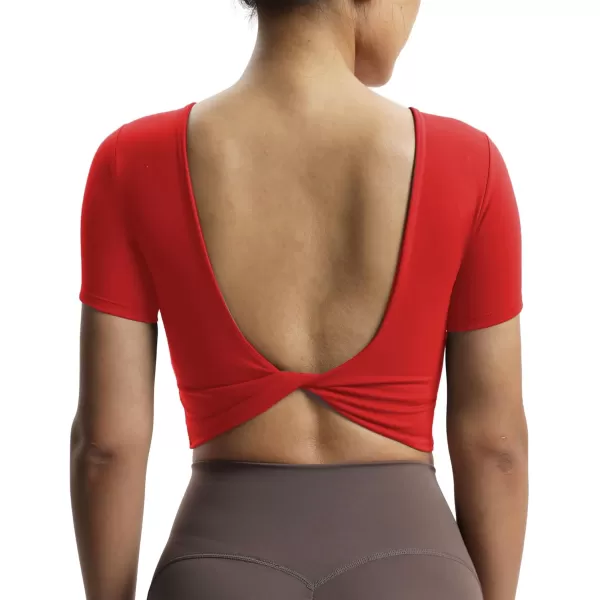 Aoxjox Short Sleeve Crop Tops for Women Emma Backless Twist Back Workout Crop T Shirt TopRacing Red