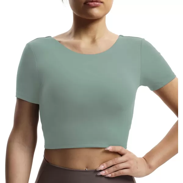 Aoxjox Short Sleeve Crop Tops for Women Emma Backless Twist Back Workout Crop T Shirt TopSage Green