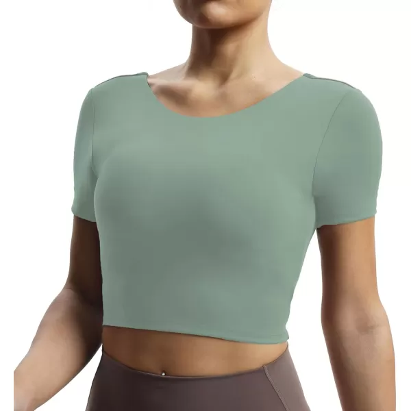 Aoxjox Short Sleeve Crop Tops for Women Emma Backless Twist Back Workout Crop T Shirt TopSage Green