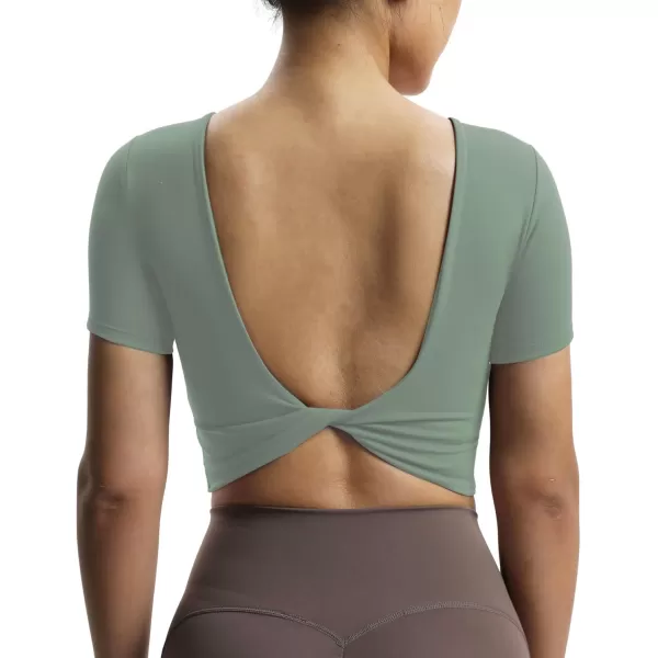 Aoxjox Short Sleeve Crop Tops for Women Emma Backless Twist Back Workout Crop T Shirt TopSage Green