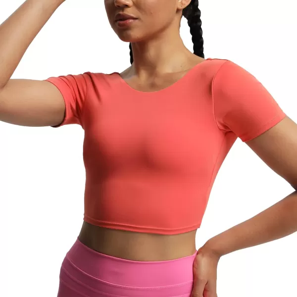 Aoxjox Short Sleeve Crop Tops for Women Emma Backless Twist Back Workout Crop T Shirt TopSpiced Coral