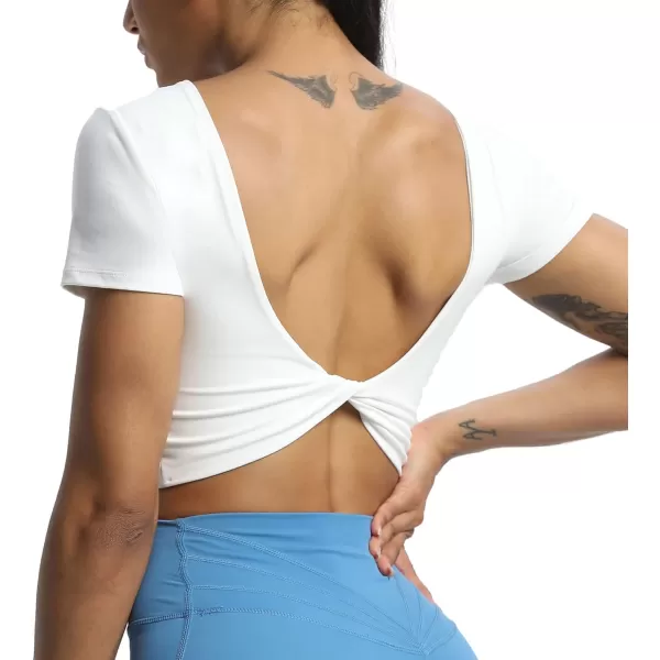 Aoxjox Short Sleeve Crop Tops for Women Emma Backless Twist Back Workout Crop T Shirt TopWhite