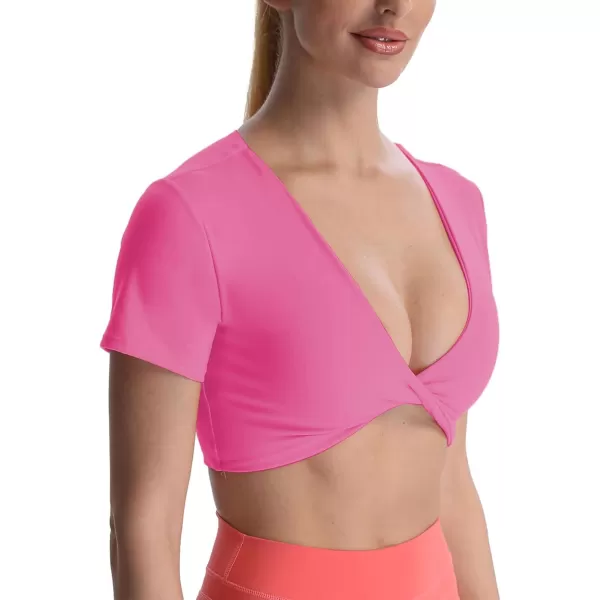 Aoxjox Short Sleeve Crop Tops for Women Sienna Twist Deep V Workout Crop T Shirt TopAzalea Pink