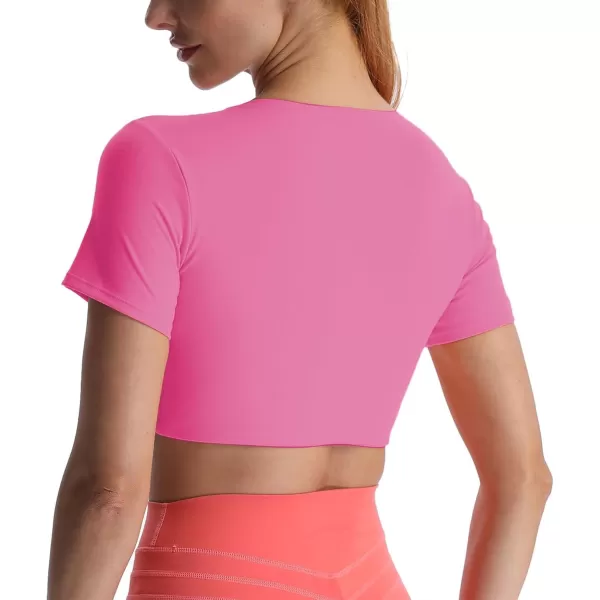 Aoxjox Short Sleeve Crop Tops for Women Sienna Twist Deep V Workout Crop T Shirt TopAzalea Pink