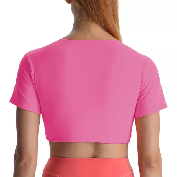 Aoxjox Short Sleeve Crop Tops for Women Sienna Twist Deep V Workout Crop T Shirt TopAzalea Pink